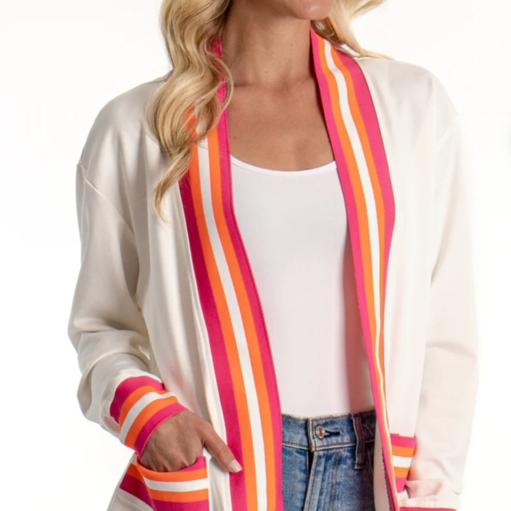 Chic Striped Cardigan with Pink and Orange Accents